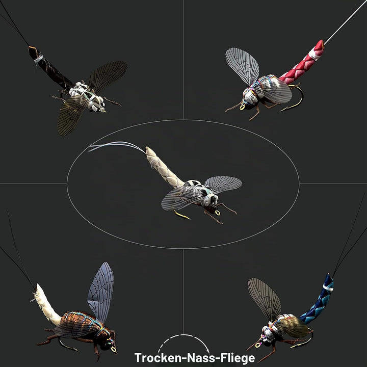 Fliegenfischen-Set mit Fliegenbox/Nymphen/Trockenfliegen, Nassfliegen/Luftschlangen/realistische Fli