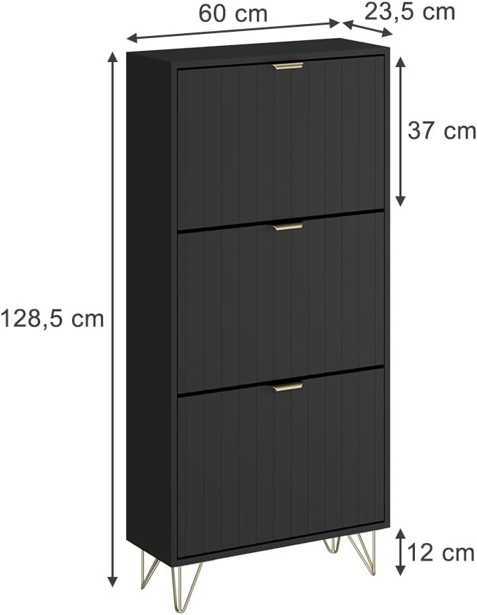 Vicco Schuhschrank Helge, Schuhregal, Schwarz, 60 x 128.5 cm 3 Fächer, Schwarz