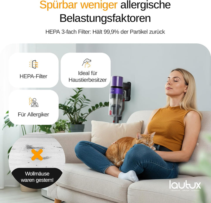 lautux Clenza Pro – Kabelloser Akku-Staubsauger 36 kPa mit 3 Saugmodi, 70 Min Akku, starker Saugleis