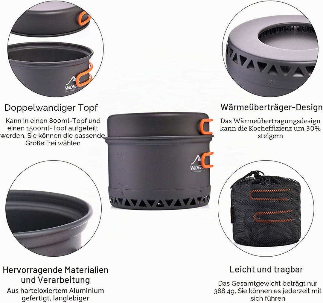 widesea Camping Kochgeschirr Outdoor Topf Pfanne Kochgeräte Wärme-Design für Wandern für 2-3 Persone