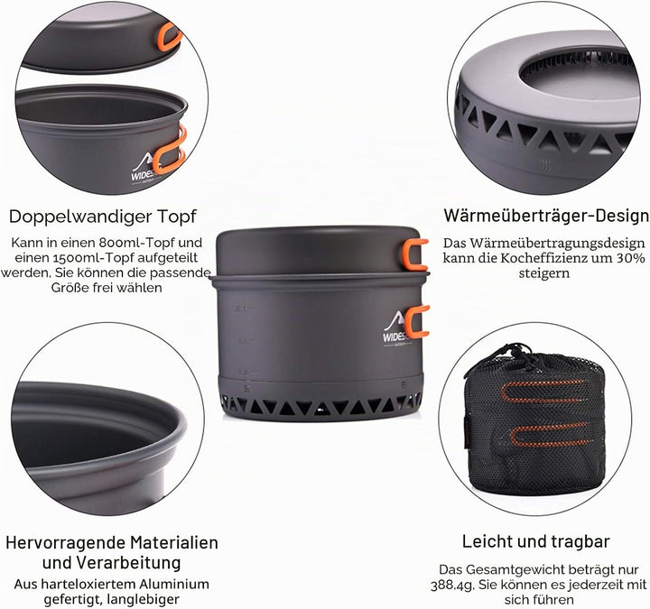 widesea Camping Kochgeschirr Outdoor Topf Pfanne Kochgeräte Wärme-Design für Wandern für 2-3 Persone