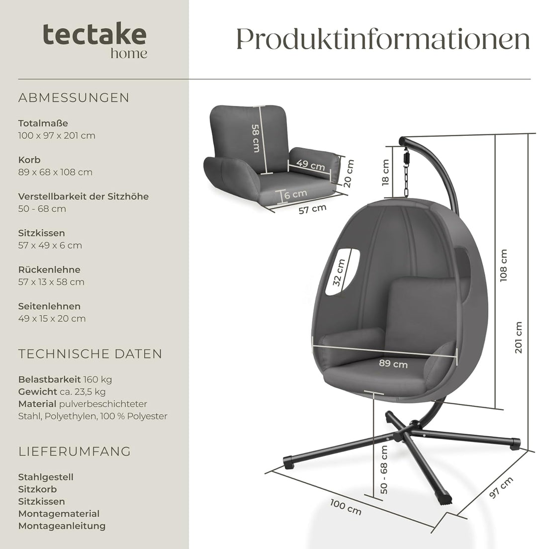 tectake® Hängesessel mit Gestell, Indoor oder Outdoor, Schaukel Sessel mit Kissen + Rückenkissen, Sc