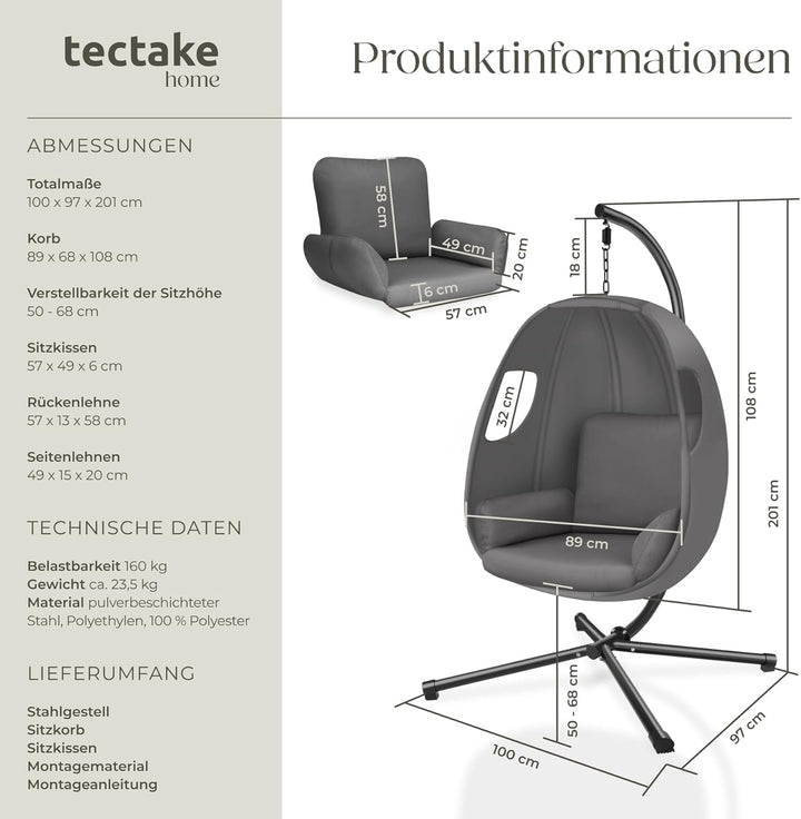 tectake® Hängesessel mit Gestell, Indoor oder Outdoor, Schaukel Sessel mit Kissen + Rückenkissen, Sc