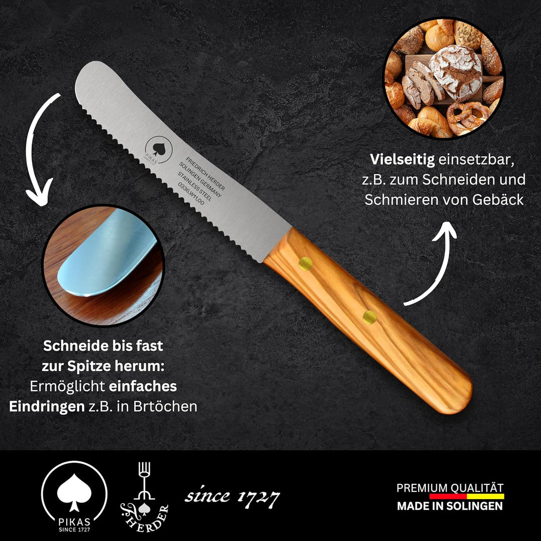 PIKAS - Solingen Messer mit Wellenschliff, Olive Holzgriff, Premium Buckelmesser, Küchenmesser, Früh