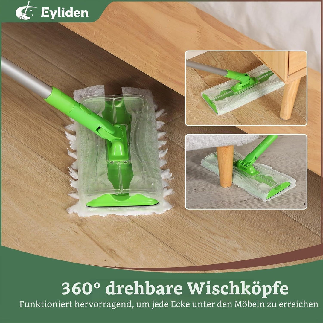 Eyliden Bodenwischer Starter-Set, 1 Stab + 24 Trockene Bodentücher + 12 Feuchte Bodentücher, 3-in-1