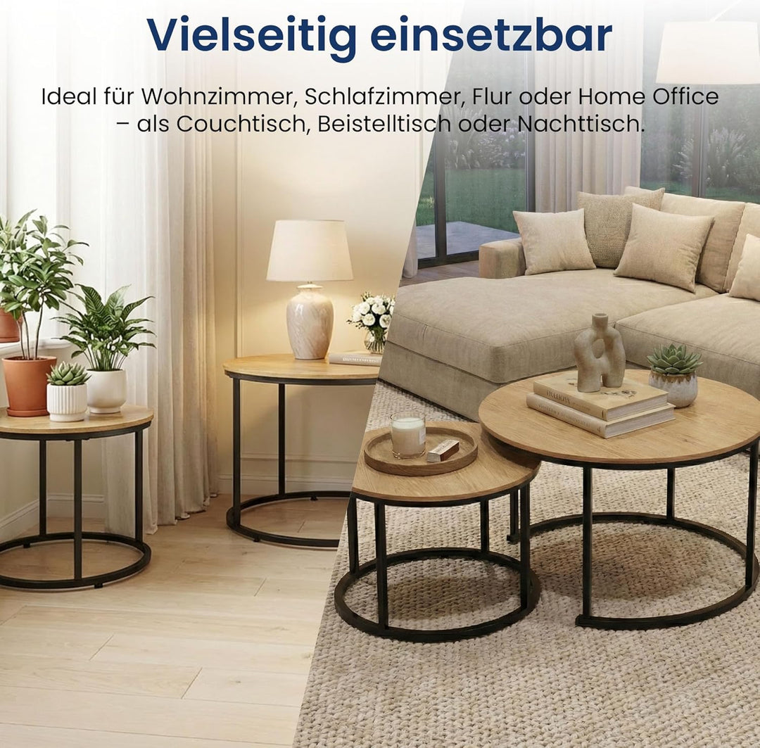 Home Collective Couchtisch 2er Set rund aus Holz, Wohnzimmertisch Modern, Beistelltisch Set 2 in 1 m