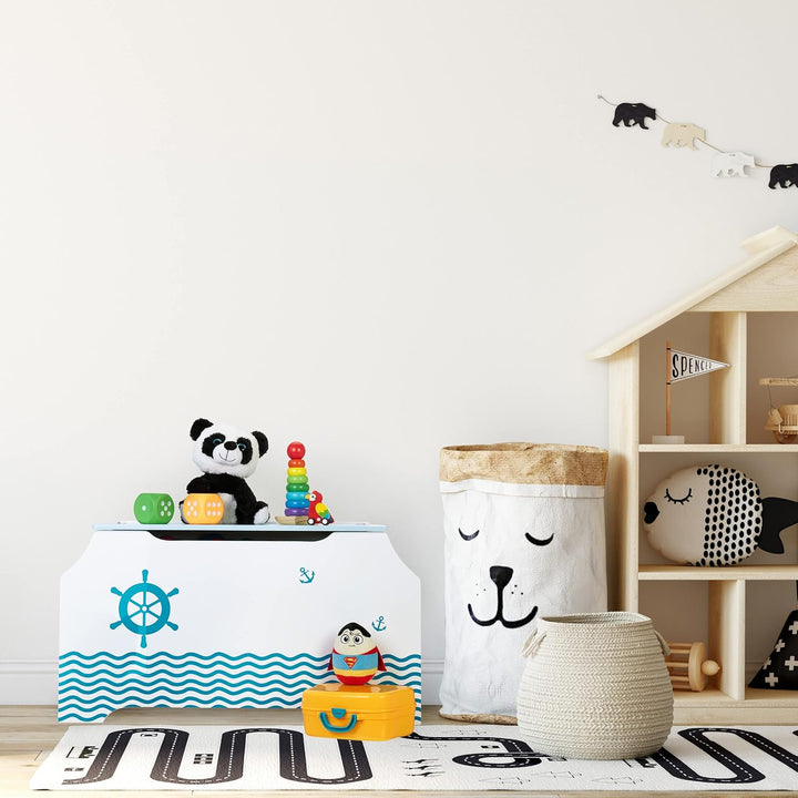 Relaxdays Spielzeugtruhe Seemann, Spielzeugkiste mit Deckel, HBT: 46 x 84 x 42,5 cm, Bücherfach, Spi