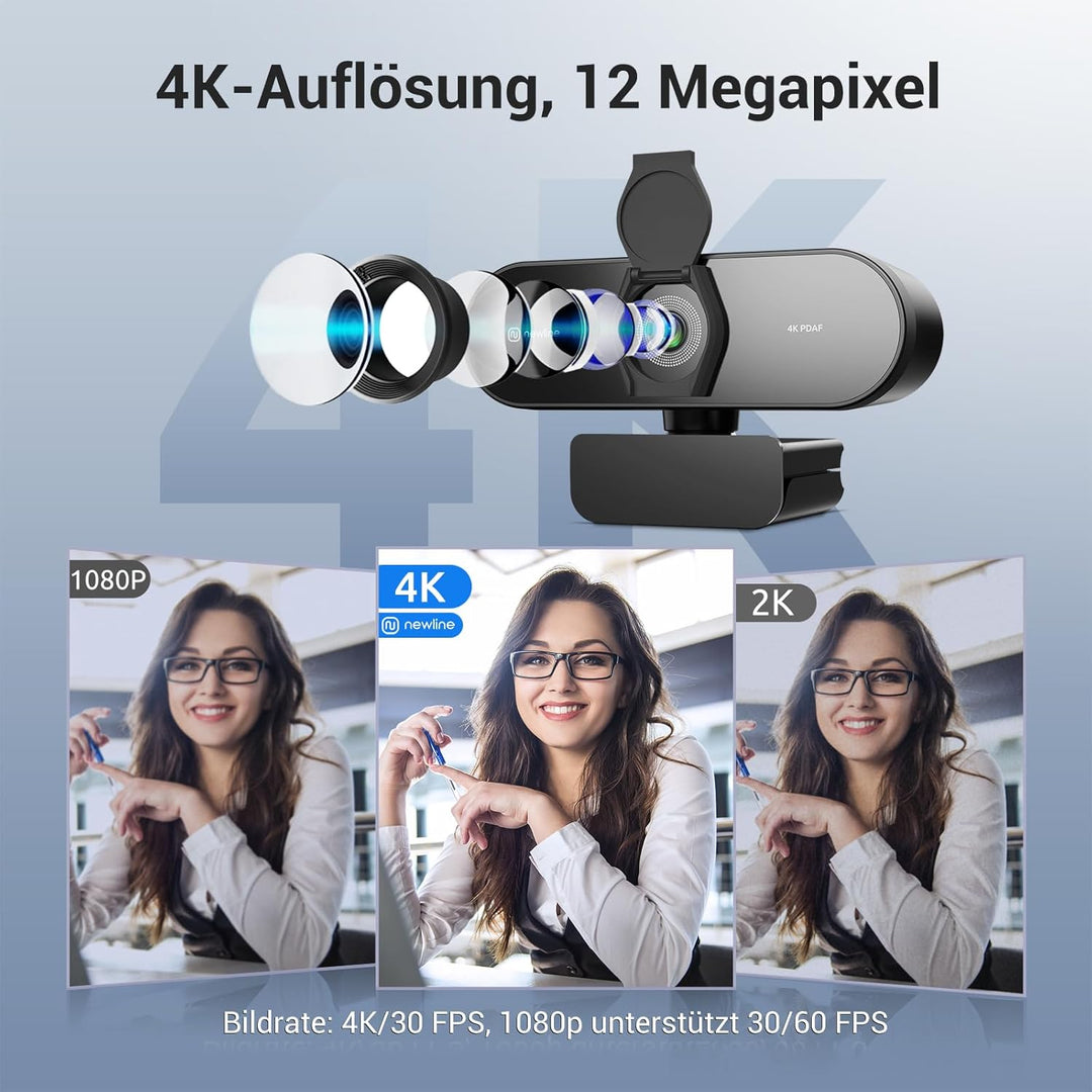 4k Webcam mit 2 Mikros, 12 Megapixel, Sofortiger Dual PDAF/CDAF-Autofokus, 1080p@60FPS, Klar Stereo-