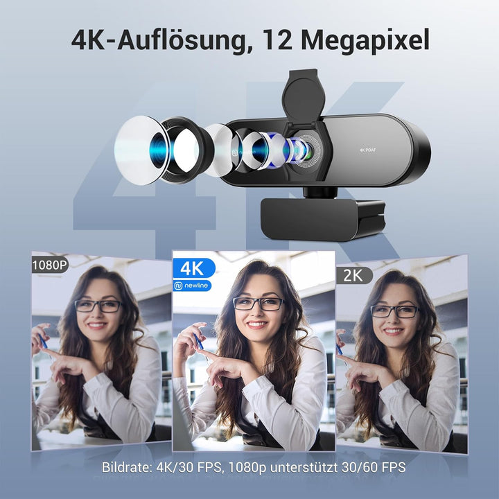 4k Webcam mit 2 Mikros, 12 Megapixel, Sofortiger Dual PDAF/CDAF-Autofokus, 1080p@60FPS, Klar Stereo-