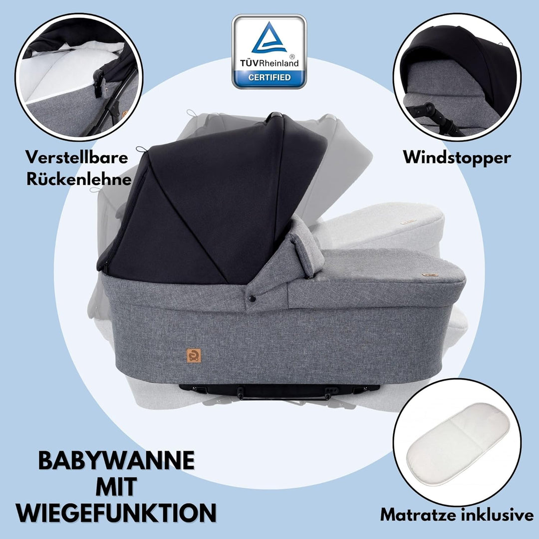 GaGaDumi Boston Kinderwagen 3 in 1 Komplettset mit Autositz - Kombikinderwagen mit grossen Rädern -
