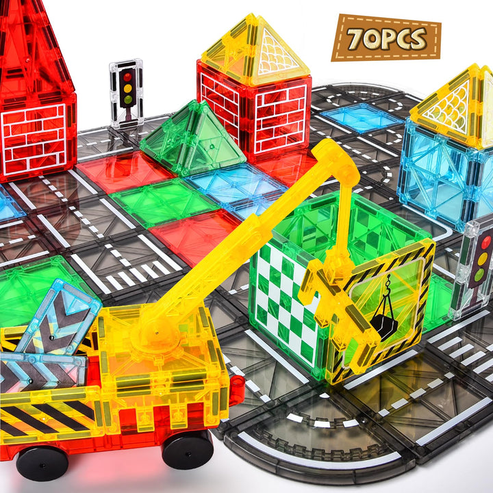 BuzzoXerex Magnetische Bausteine Stadtstrassen Set, 70 Magnetische Fliesen Strassenset, Magnetbauste