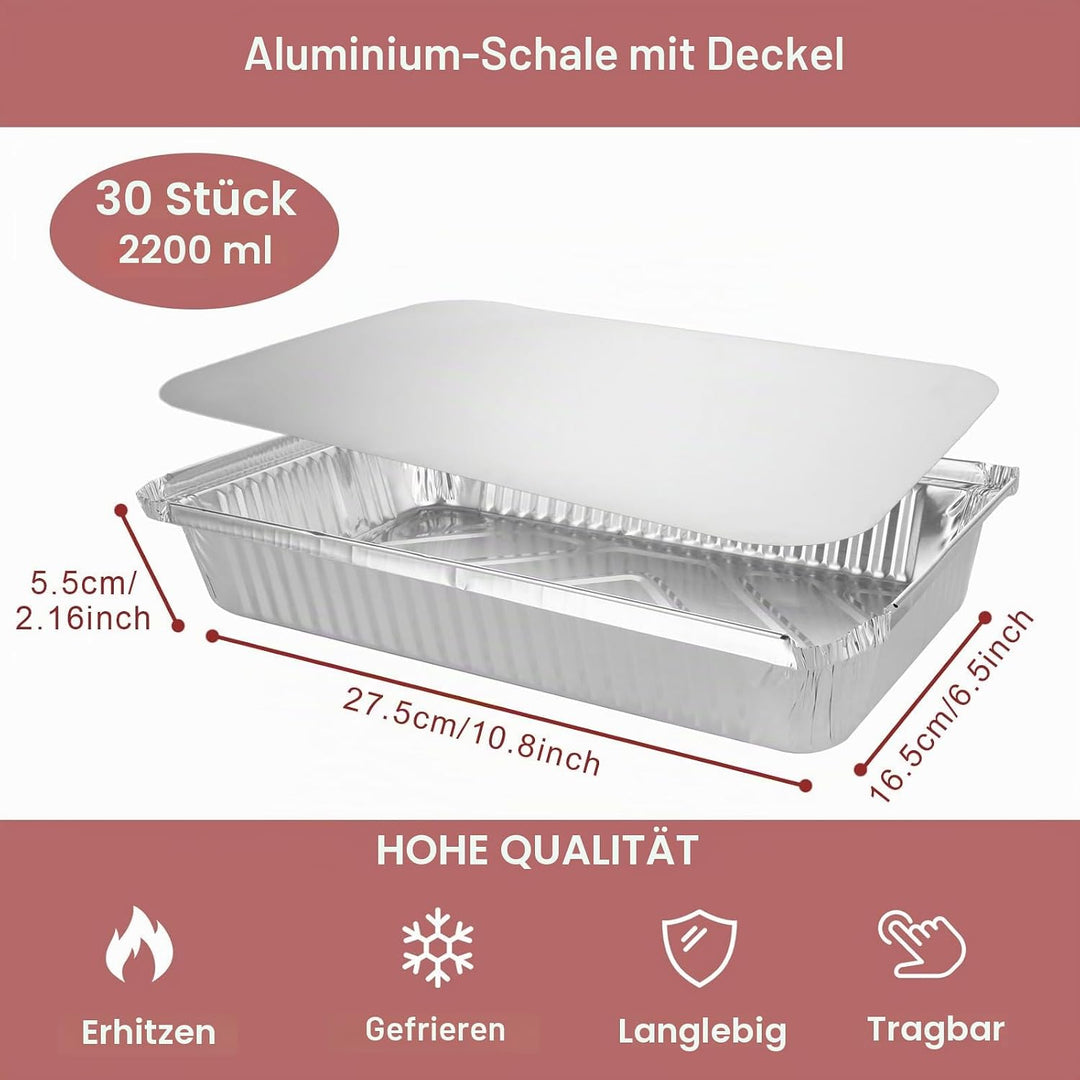MIVIDE 30 Stück Grill Aluschalen mit Deckel, 2200ml Alu Grillschalen, Einwegschalen aus Aluminium fü