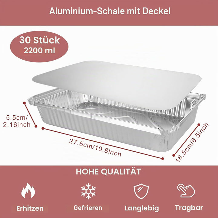 MIVIDE 30 Stück Grill Aluschalen mit Deckel, 2200ml Alu Grillschalen, Einwegschalen aus Aluminium fü