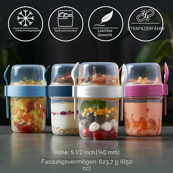 Crystalia Müslibecher to Go mit Löffel & Gabel Set 4, 100% BPA-FREI Joghurt Becher to Go mit Deckel,