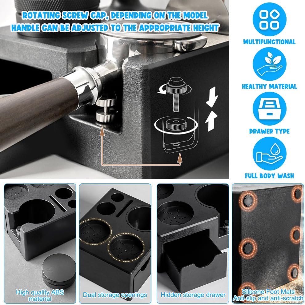 Tamperstation für Barista(51-58mm), Tamping Station aus ABS, Einstellbar Coffee Schwarz Tamper Stati
