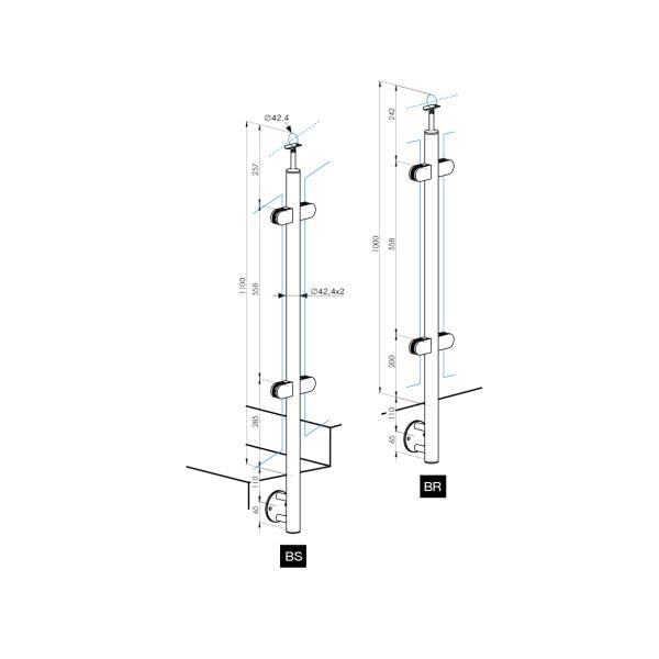 Sellon24® Edelstahl Geländerpfosten Eckpfosten 90 Grad Ø42,4 Bauhöhe 1000mm mit 4x Glasklemmen 63x45