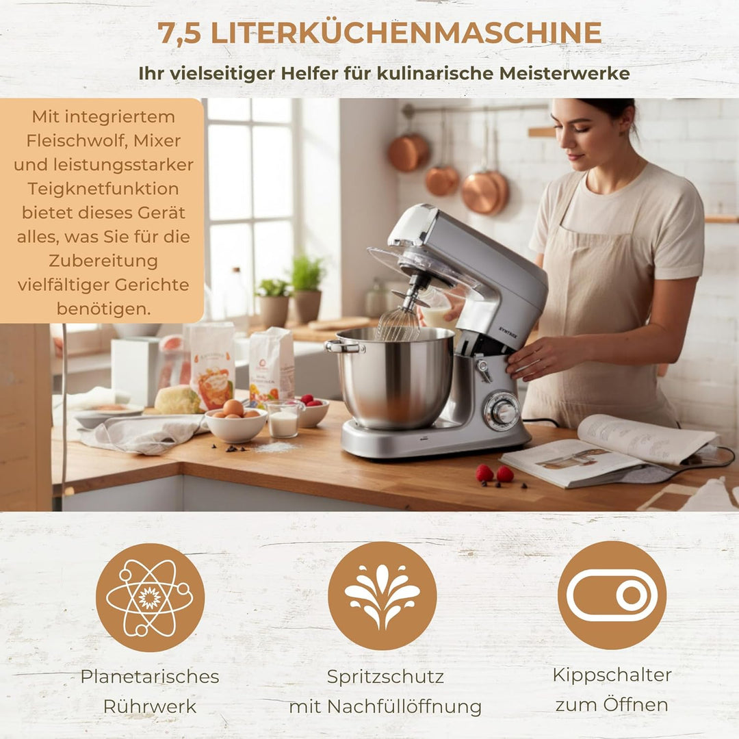 Syntrox Silber Küchenmaschine Wasas Mixen & Zerkleinern 7,5 Liter, Mixer und Fleischwolf in einem, H