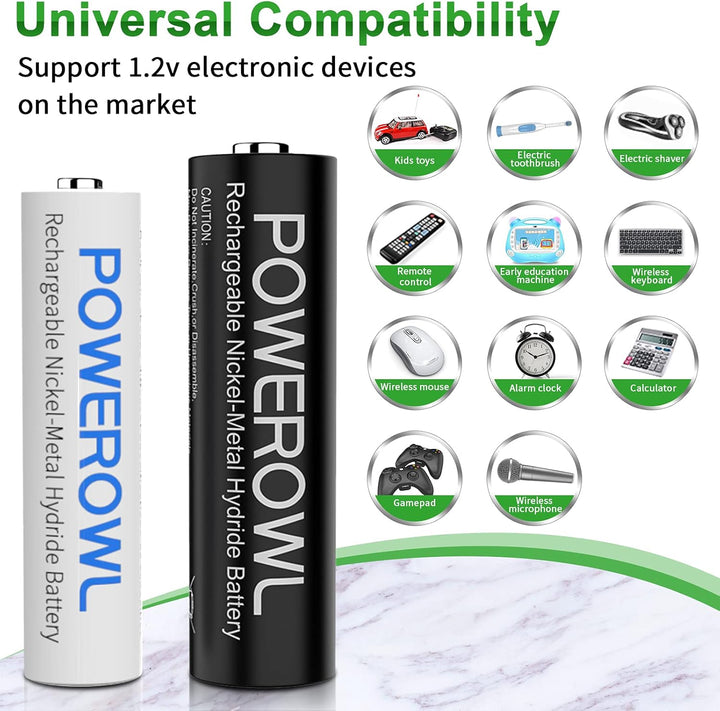 POWEROWL Akku Ladegerät mit 4 AA Akkus 2800mAh + 4 AAA Akkus 1000mAh - Akkuladegerät für NI-MH Wiede