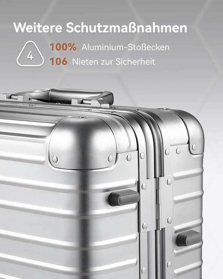 LUGGEX Aluminium Koffer Handgepäck, 100% Alu Koffer Trolleys ohne Reissverschluss, Hartschalekoffer