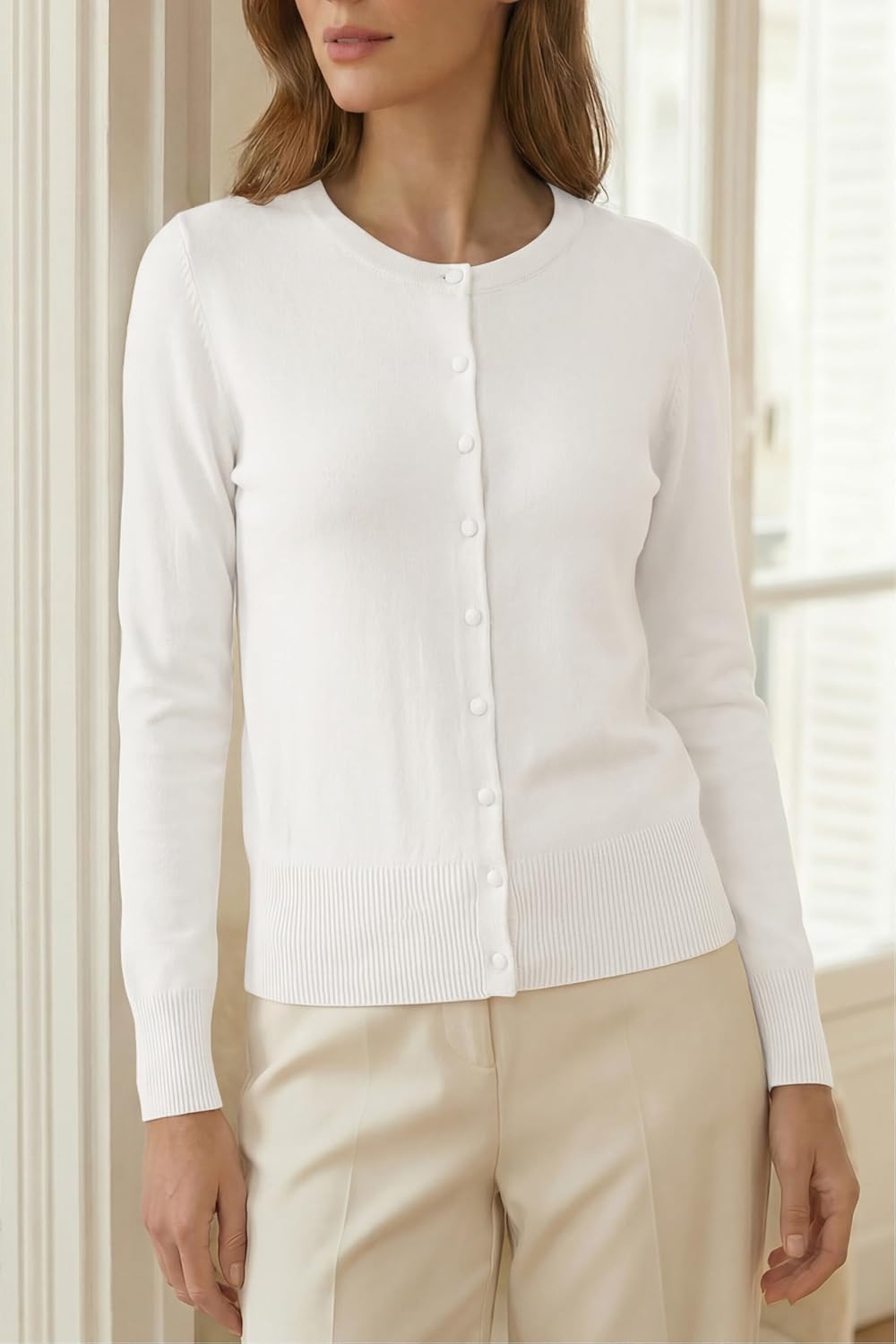 VOTEPRETTY Leichter Strickjacke Damen Cardigan Kurzarm/Langarm Sommer Solid Top Langarm S Beige, Lan