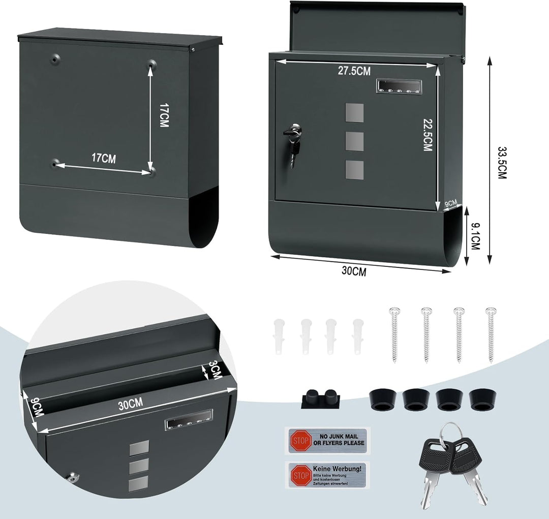 WOLTU Briefkasten Postkasten mit Zeitungsfach Sichtfenstern Namensschild, Wandbriefkasten abschliess