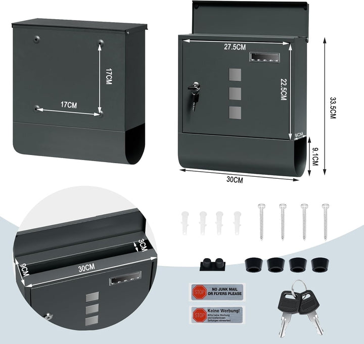 WOLTU Briefkasten Postkasten mit Zeitungsfach Sichtfenstern Namensschild, Wandbriefkasten abschliess