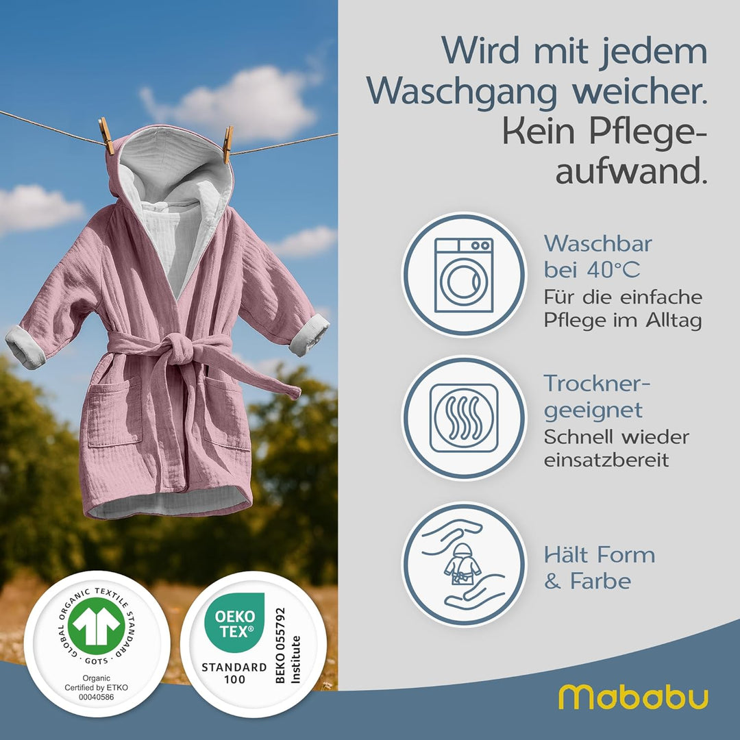 Bademantel Kinder mit Kapuze | 100% Bio-Baumwolle GOTS Zertifiziert | Premium Musselin Kinderbademan