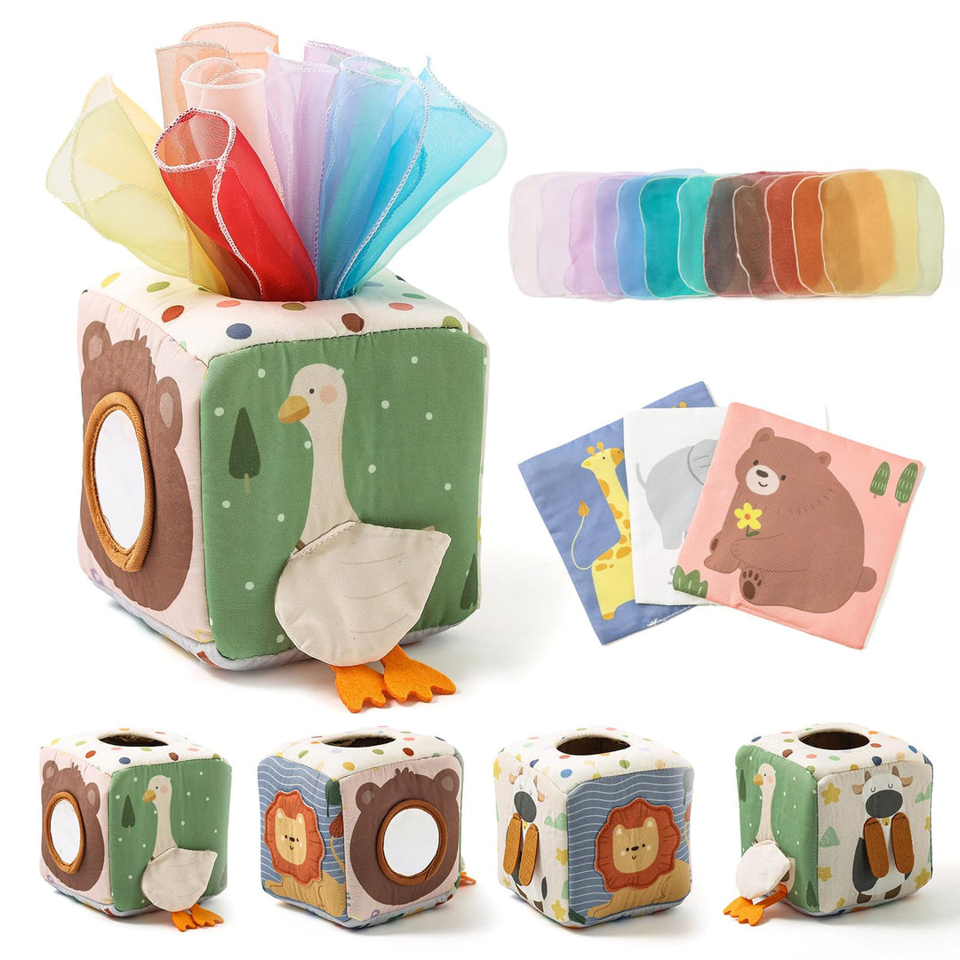 WOODEN TEETHER Tissue Box Montessori Motorikspielzeug, 6-12 Monate Sensorik Baby Spielzeug mit Spieg
