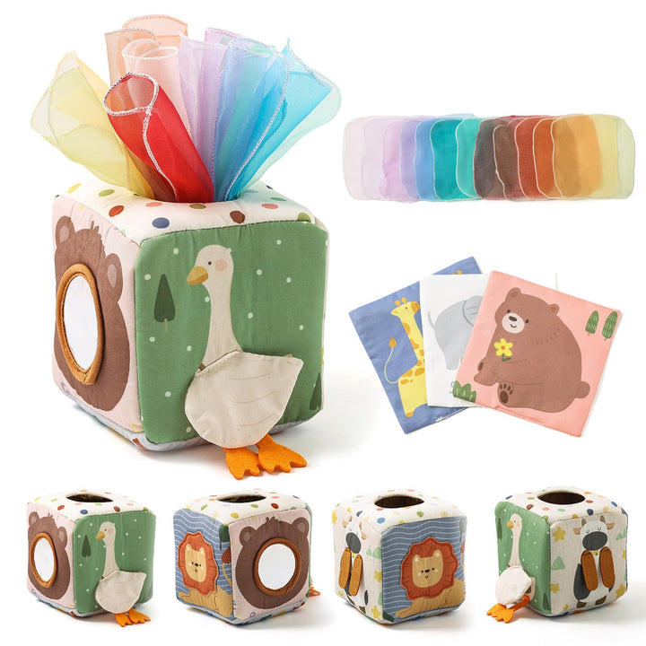 WOODEN TEETHER Tissue Box Montessori Motorikspielzeug, 6-12 Monate Sensorik Baby Spielzeug mit Spieg