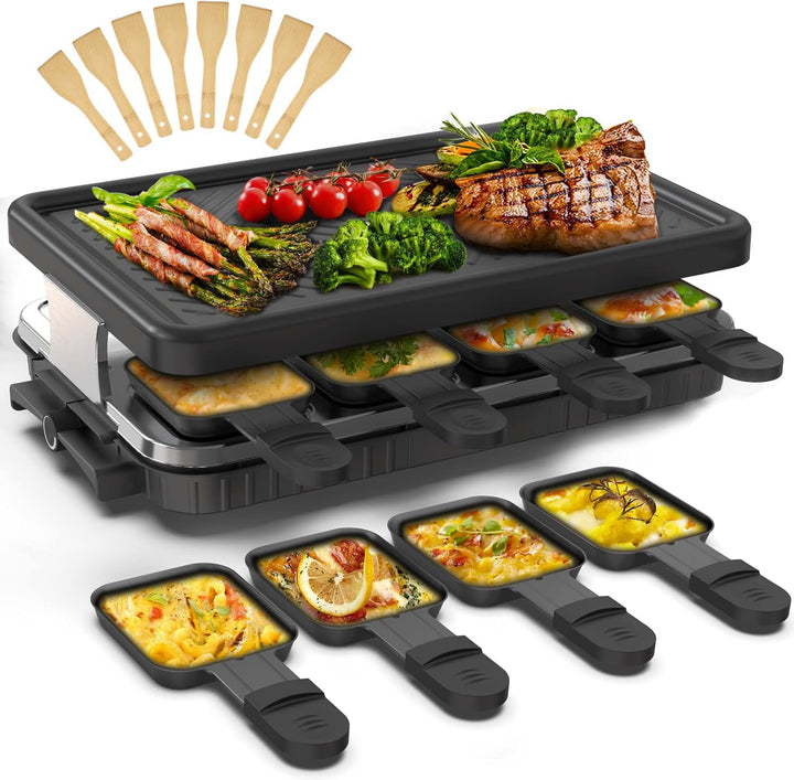 HengBO Raclette Grill für 8 Personen mit 8 Antihaft-Pfännchen, Stufenlos Verstellbare Grillplatte, E