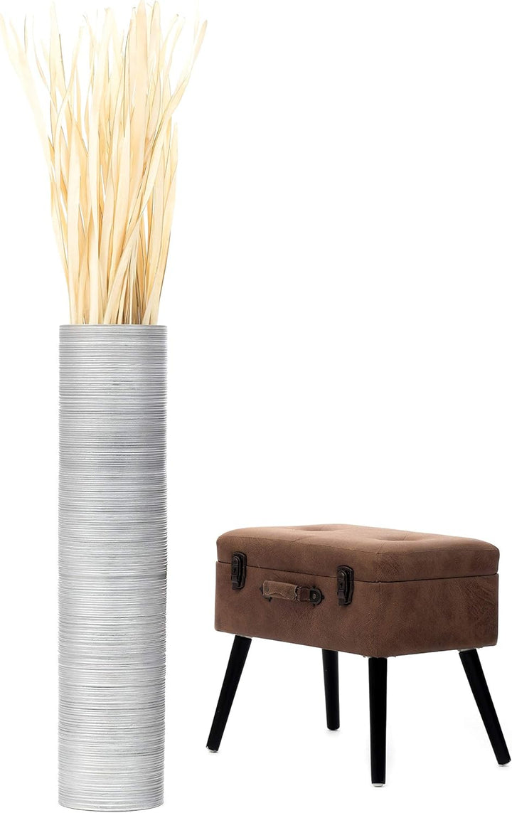 Leewadee Grosse Bodenvase für Dekozweige hohe Standvase Design Holzvase, Holz, 90 cm, Silber 90 cm S