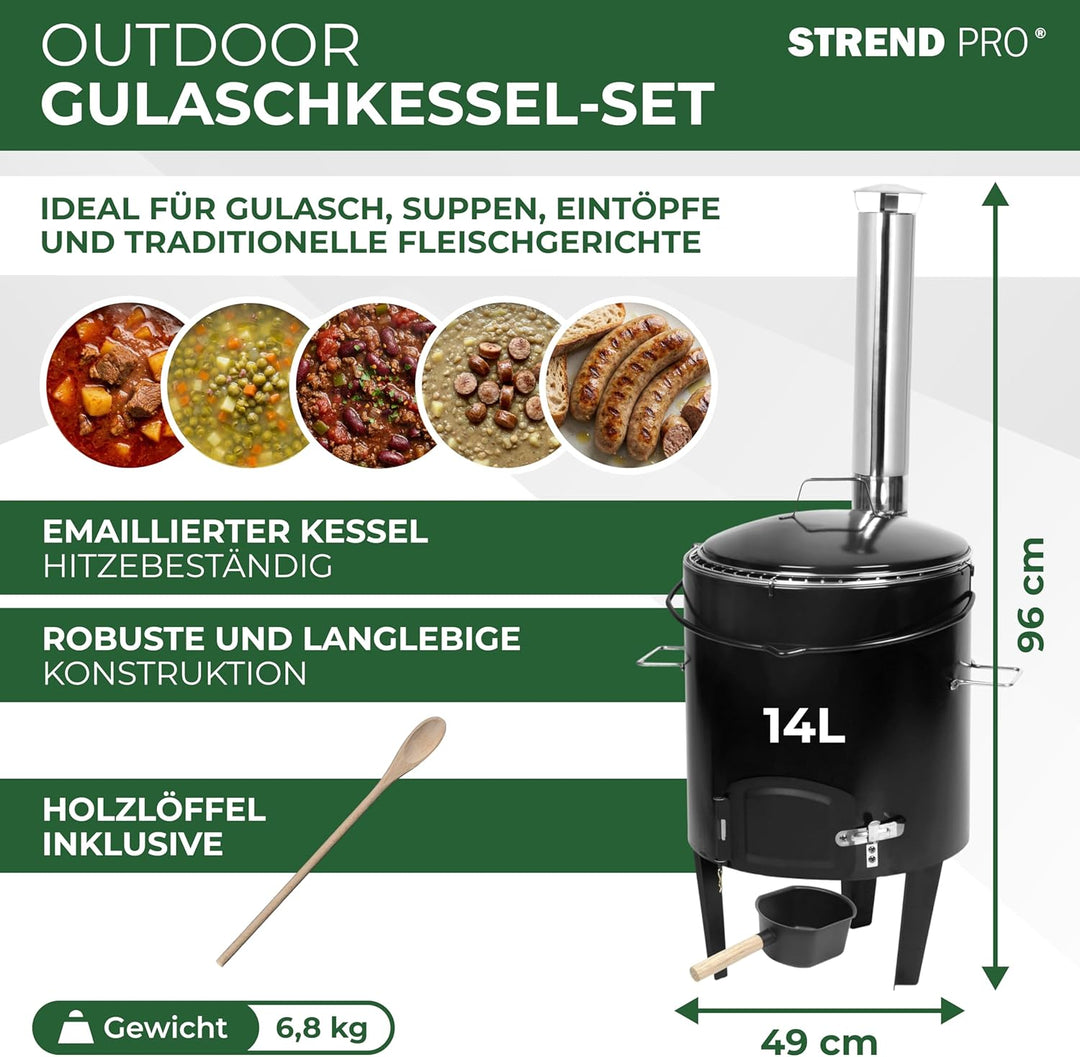 STREND PRO Gulaschkanone 14 Liter Komplett-Set | emaillierter Gulaschkessel Kazan Kasan Gulyas | Out