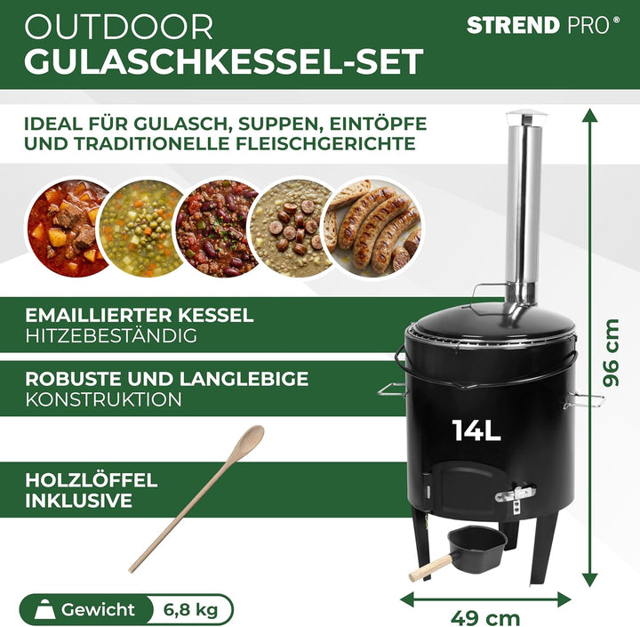 STREND PRO Gulaschkanone 14 Liter Komplett-Set | emaillierter Gulaschkessel Kazan Kasan Gulyas | Out