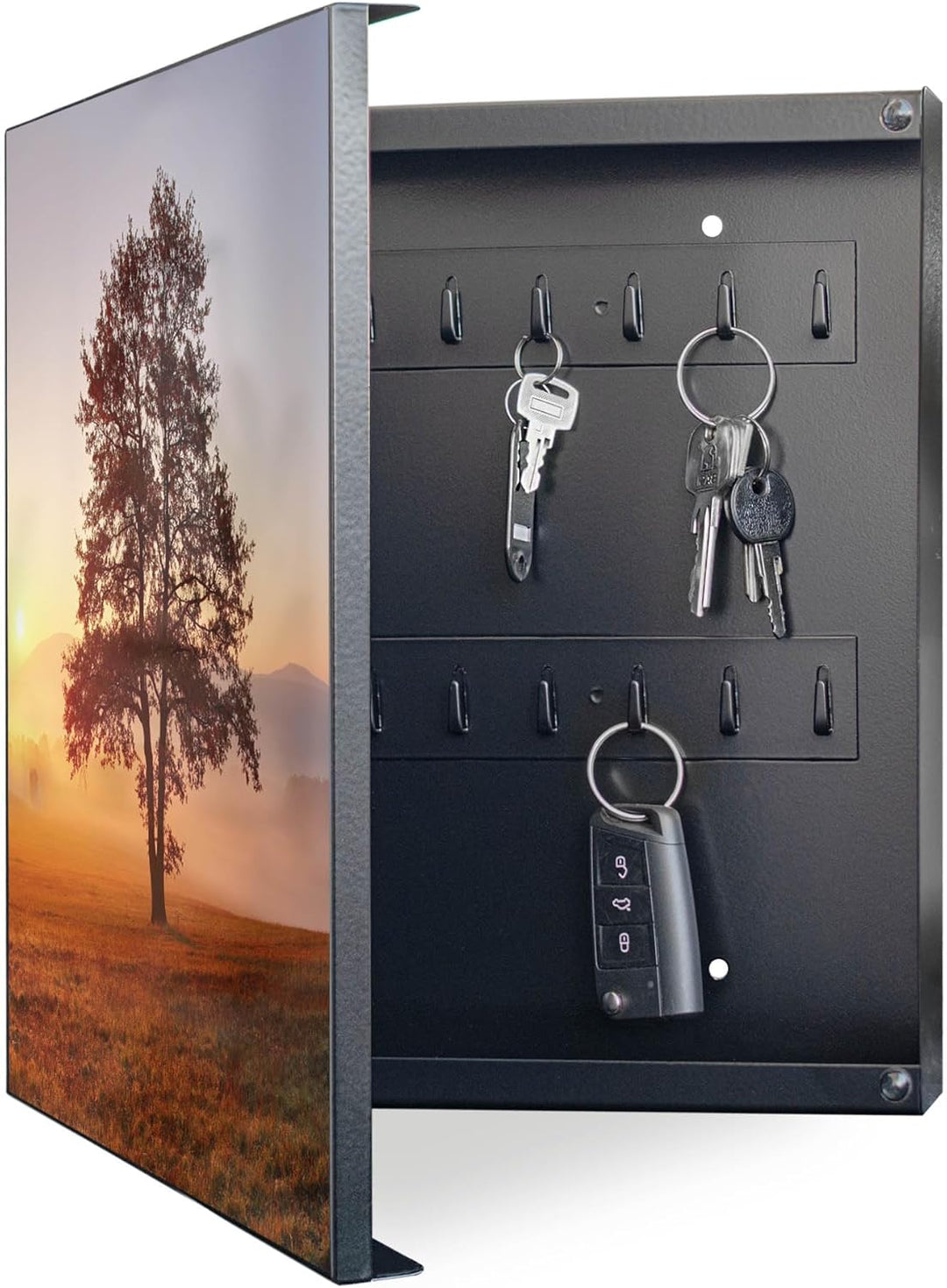 banjado® Grosser Schlüsselkasten Glas/Schlüsselbox 30cm x 30cm mit 50 Haken - Motiv Sonnenaufgang/Sc