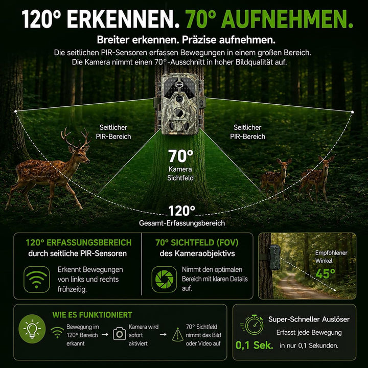 Wildkamera mit Handyübertragung App – 4K Video &amp; 64MP Fotos – WLAN &amp; Bluetooth – Wildtierkamera mit