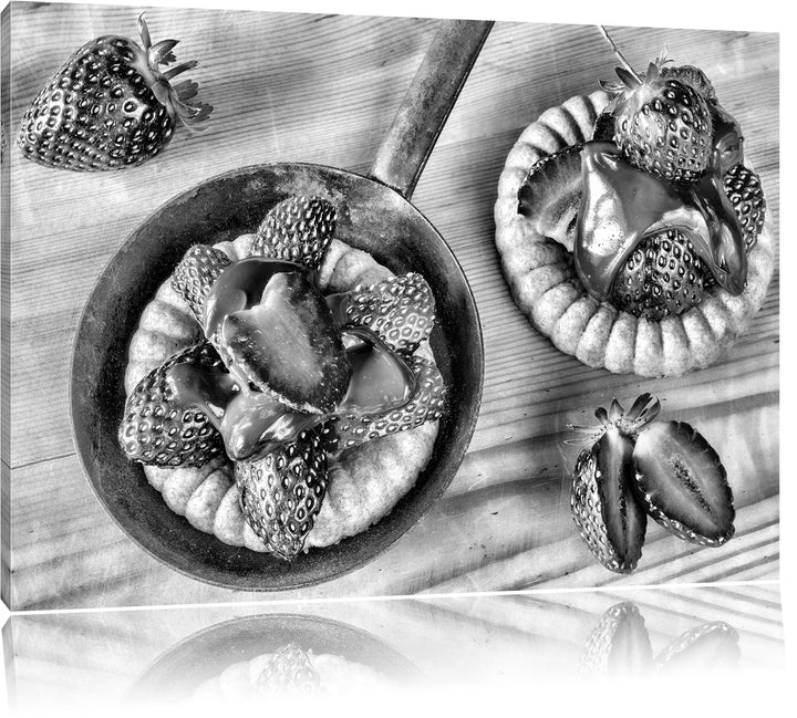 Pixxprint Monocrome, Süsse Erdbeertörtchen, Format: 100x70 auf Leinwand, riesige Bilder fertig gerah