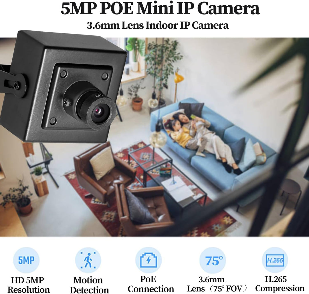 5MP PoE Mini IP Kamera, kleine UltraHD Überwachungskamera für den Innenbereich, 3,6mm Objektiv (75°
