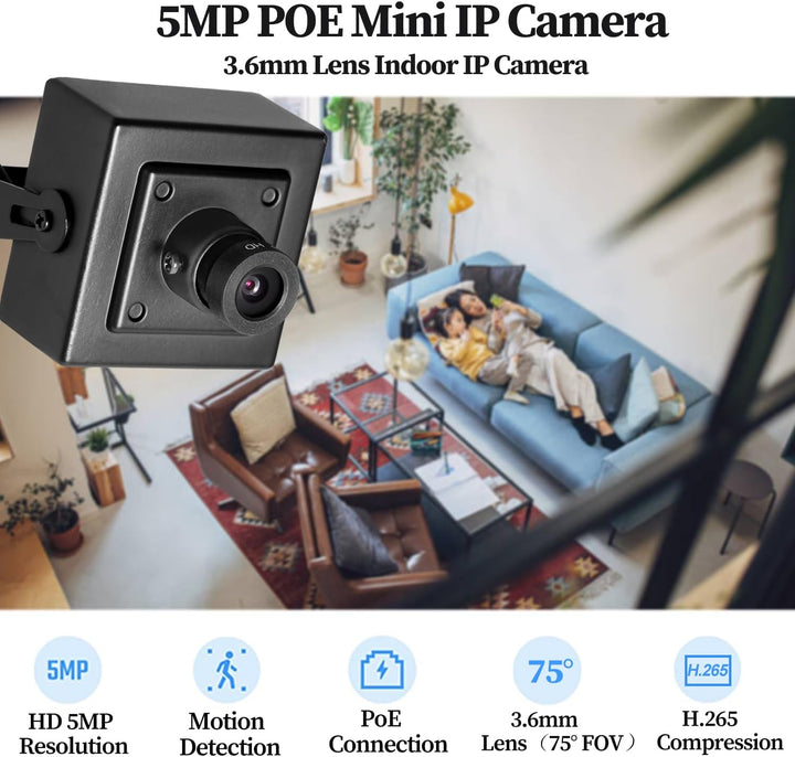 5MP PoE Mini IP Kamera, kleine UltraHD Überwachungskamera für den Innenbereich, 3,6mm Objektiv (75°