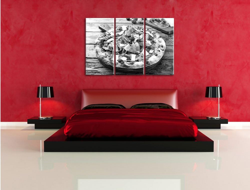 Pixxprint Prosciutto Pizza auf Holztisch / 3-Teilig/Gesamtmass 120cm Leinwandbild bespannt auf Holzr
