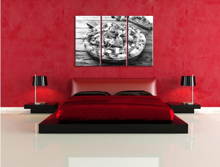 Pixxprint Prosciutto Pizza auf Holztisch / 3-Teilig/Gesamtmass 120cm Leinwandbild bespannt auf Holzr