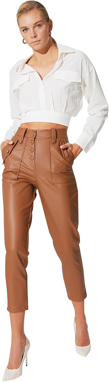 TRENDYOL Frau Design Mittlerer Bund Skinny Fit Straight Hose 34 Camel, 34 Camel