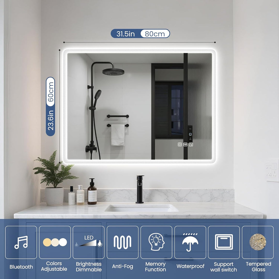 STARLEAD Badezimmerspiegel-mit-Beleuchtung 80x60cm, Dimmbar, 3 Lichtfarben, LED-Spiegel-Bad-mit-Blue