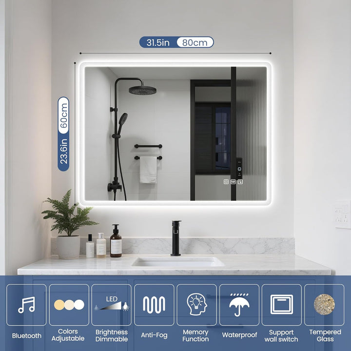 STARLEAD Badezimmerspiegel-mit-Beleuchtung 80x60cm, Dimmbar, 3 Lichtfarben, LED-Spiegel-Bad-mit-Blue