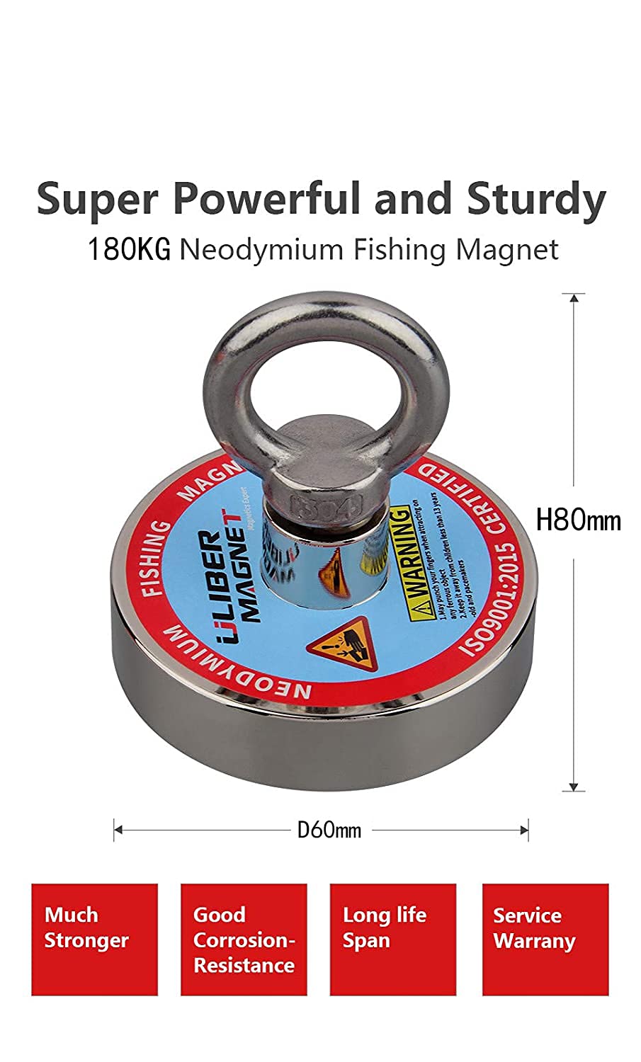 ULIBERMAGNET Magnet mit Neodym Magnet N52 180kg Zugkraft mit 20m Seil zum Angeln und Magnetisches Au