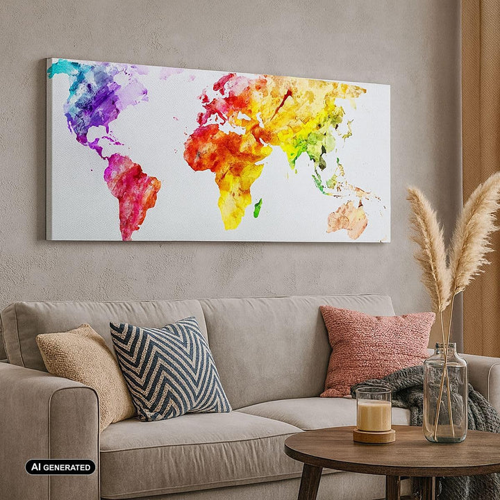 Wandbilder Dekoration Wohnzimmer Welt Karte Bunt Kontinente Panorama Bilder auf Leinwand 120x50cm Le