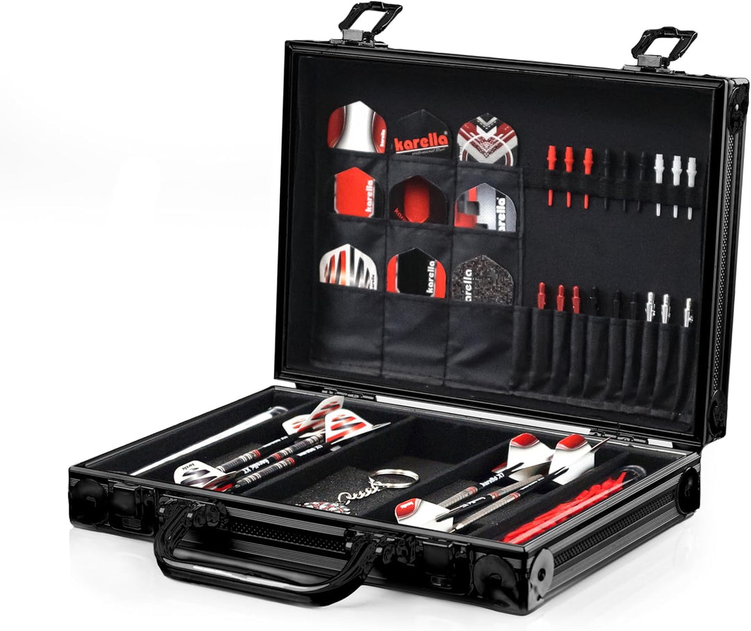 Dartkoffer Luxus in schwarz, schlagfest, Platz für 4 komplette Dartsets und Zubehör, Dartcase, Tasch