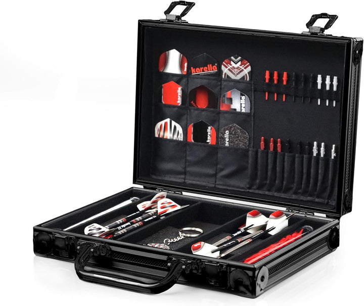 Dartkoffer Luxus in schwarz, schlagfest, Platz für 4 komplette Dartsets und Zubehör, Dartcase, Tasch
