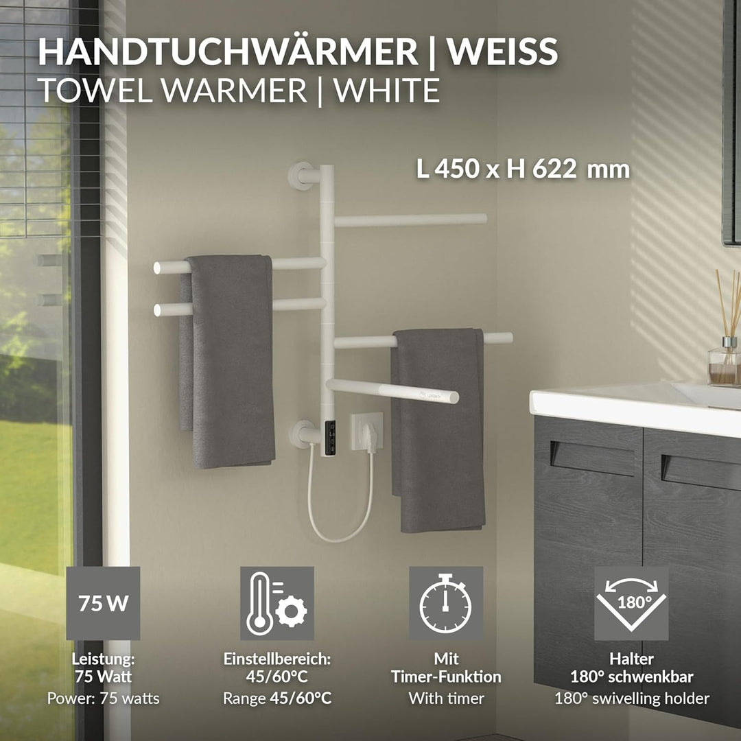 LuxeBath Handtuchwärmer Elektrisch mit 5 schwenkbaren Armen & Timerfunktion, Handtuchheizkörper Weis