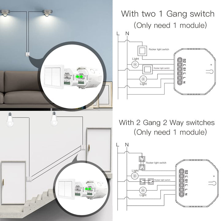 MoesGo Wlan 2.4GHz Smart Alexa Lichtschalter Unterputz Funk Relais, Wireless RF433 Light Switch Modu