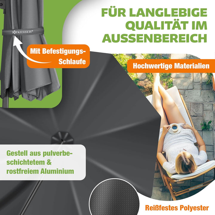 KESSER® Sonnenschirm Ampelschirm Sun Rund XL Ø330 cm Inkl. Abdeckung + Windsicherung 7-Fach Verstell